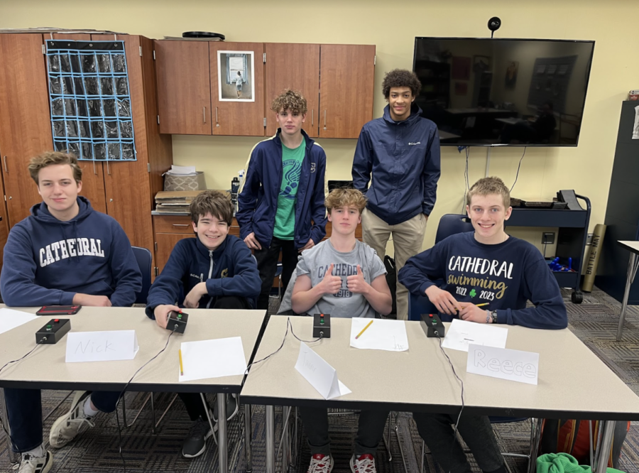 Pictured from left to right, junior George Madden ‘24; freshmen Nick Elias and Conrad Day ‘26; and sophomores Tanner Zink, Brian Belford and Reece Bonhomme ‘25 attend the 2023 Brain Games state competition.