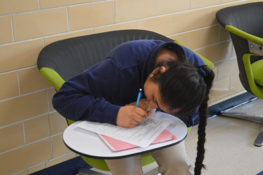 Ingrid Cardoza is finishing her math homework after school between the Math Hallway and the World Language Hallway. After school some students spend their time doing homework or visiting teachers for extra help. Ingrid says, “I enjoy doing my homework after school in a quiet place, so I can stay focused and so I don’t have to do it at home.”