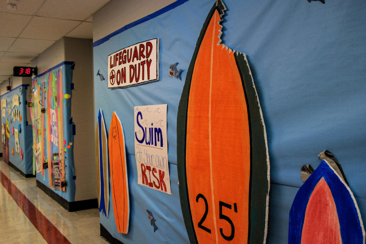 Cathedral Class of 25’s hallway is decorated with their homecoming theme, Jaws for Juniors. Every year each Cathedral class has a designated hallway which they must decorate according to their chosen theme to win points for the spirit stick; this year themes are Flamin’ Hot Freshman, Superhero Sophomores, and Senior World. Sophomore Fatima says, “I think this is such a fun and unique tradition at Cathedral and it shows everyone’s competitive side in trying to win the Spirit Stick for their class. 