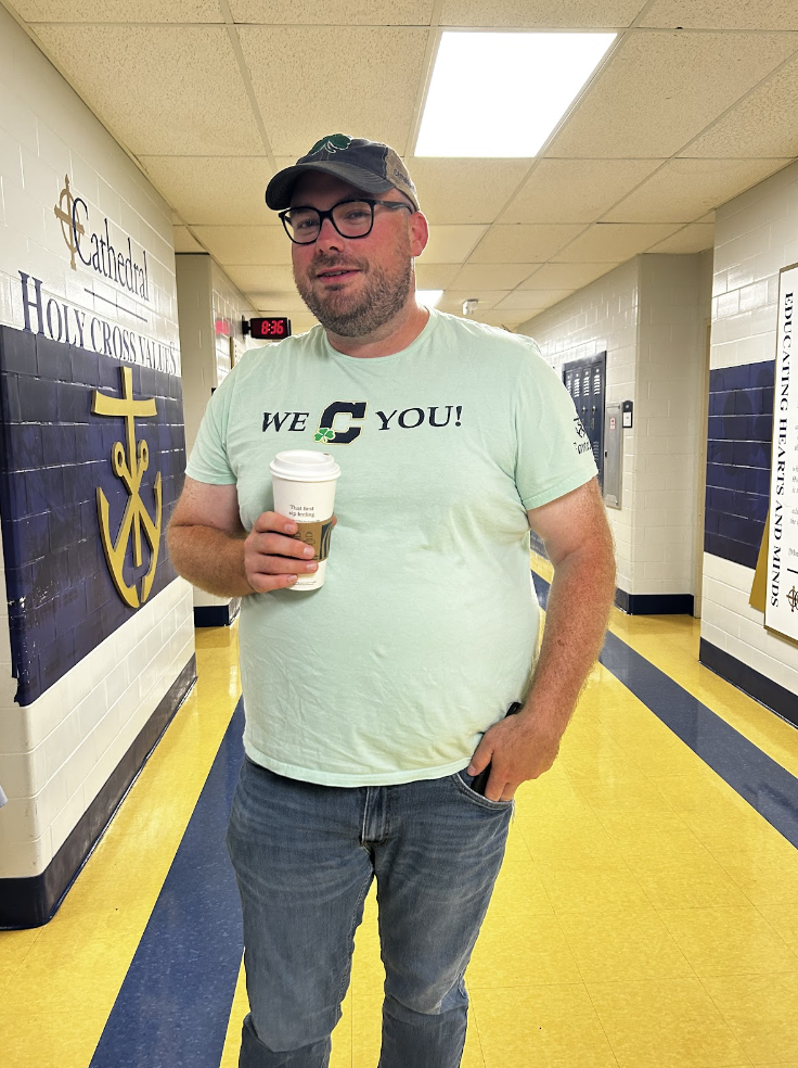Mr. Cannaday fuels up for the intense game brewing. Mr. Cannaday went to Roncalli and also helps coach the Cathedral freshmen grade football team.