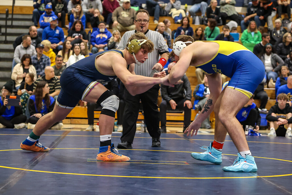 Senior Jackson Weingart engages his opponent during the Super Six Tournament on Dec. 2. Weingart finished with a 5-0 record on the day and is looking to reach the State Championship for a third time. 