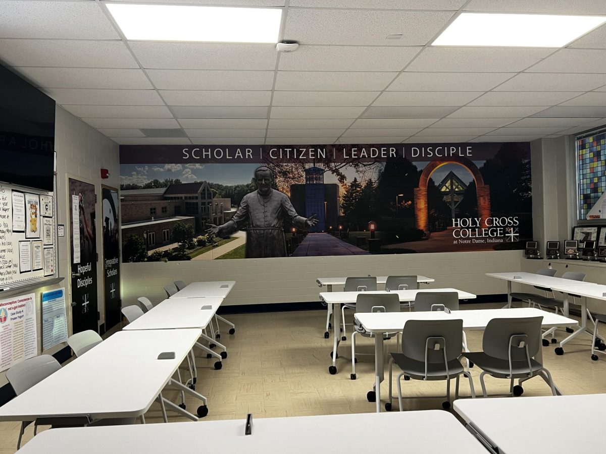 One of two of the sponsored classrooms, Mrs. Megan Ahnert’s room, which was recently renovated by Holy Cross College