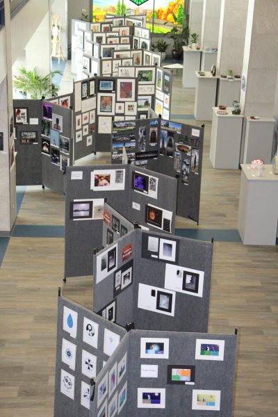 The Art Show is set up near the Mary wall in the Innovation Center. It combines drawing, painting, photography, graphic design, ceramics, and more. The show runs from April 25th to May 9th.