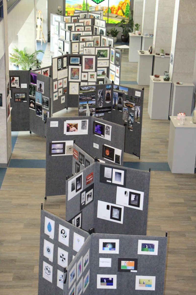 The Art Show is set up near the Mary wall in the Innovation Center. It combines drawing, painting, photography, graphic design, ceramics, and more. The show runs from April 25th to May 9th.