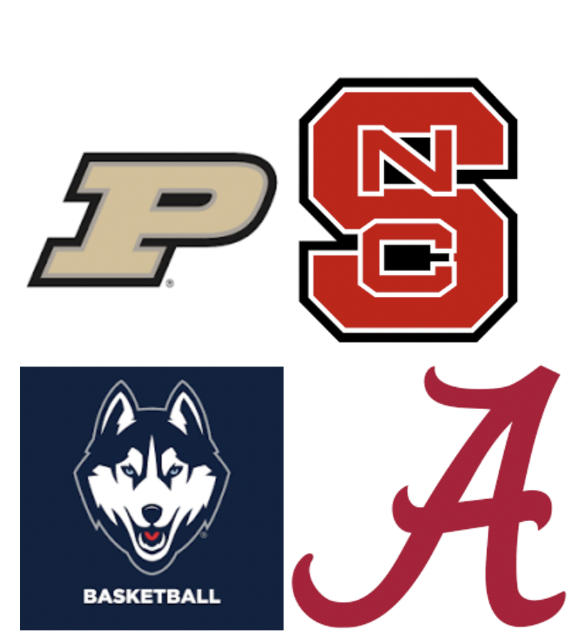 The four teams remaining in the NCAA Mens Tournament. Purdue faces NC State and top-seeded UCONN faces Alabama. The Championship will be played Monday April 8th