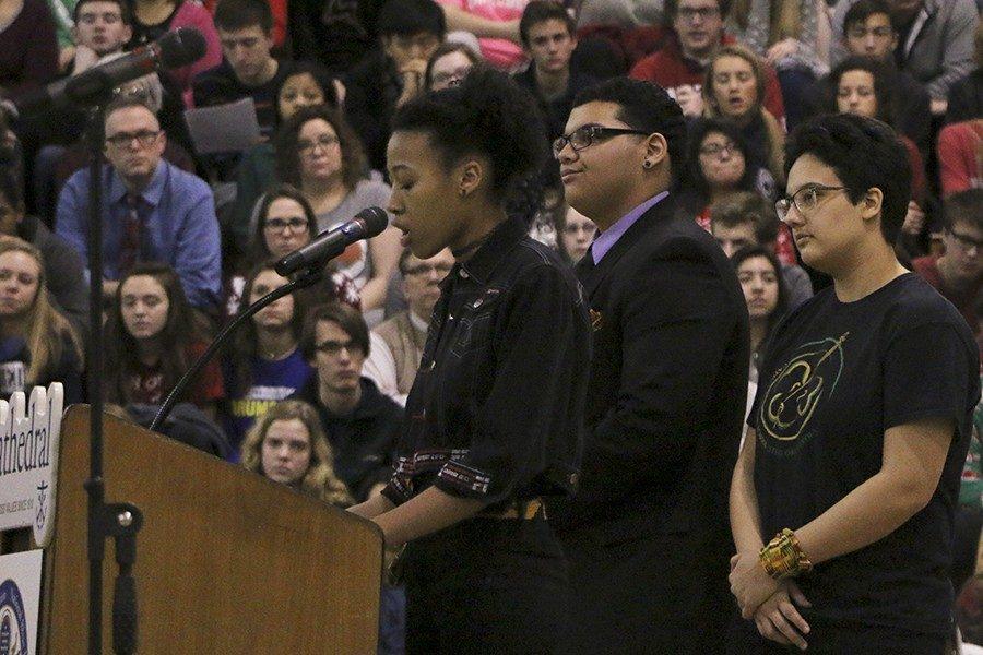 Senior Michaela Ivory, junior Caige Harris and senior Bella Thomas present on the black influence on literature in the Black History Month Assembly during flex on Tuesday. There were several key African American authors discussed, including W.E.B. Du Bois, author of The Souls of Black Folk, and Alex Haley, the author of Roots.  