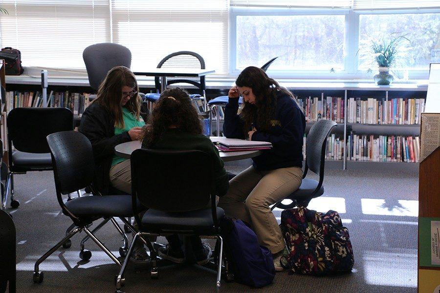 Junior Olivia Makara, junior Gabi Hanahan and sophmore Patricia Mostata study in the library on Feb. 3. If the grading scale was altered, higher grades would be more attainable for students. 