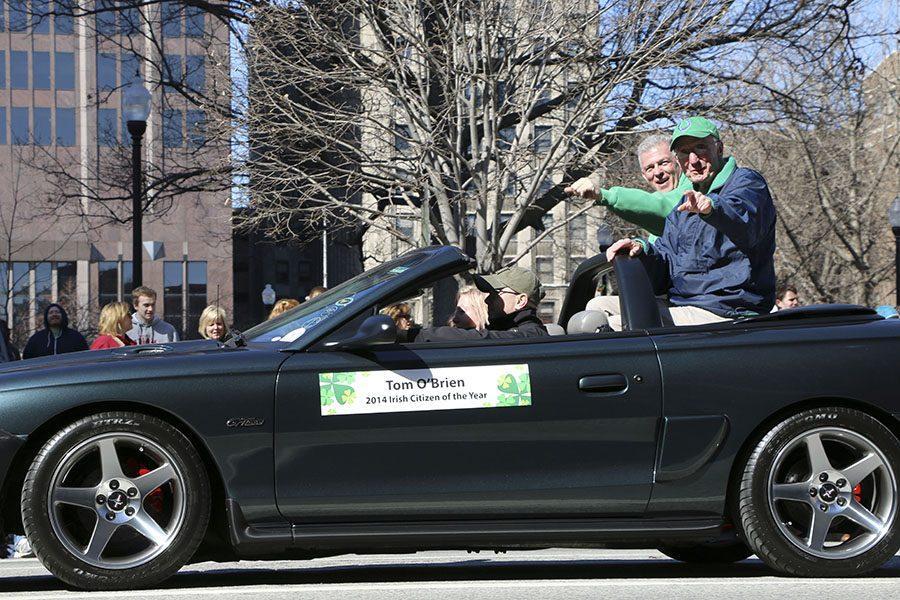 Mr. Tom “Super Sub” O’Brien ‘49 and 
Principal Mr. Dave 
Worland ride in the 2015 St. Patrick’s Day Parade. O’Brien was named Irish Man of the Year for 2014. Along with this award,  many students participate in the parade in some way. 
