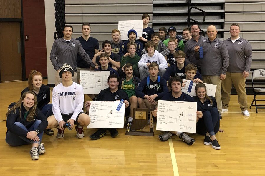 The wrestlers gather at Lawrence Central on Jan. 27 to show off their Sectional championship bling. 