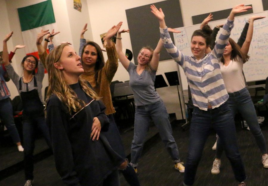 Sophomore Yinny Lim; juniors Hailey Loftin, Lauren Helman, Anna Tobias and Annie Leppert; and senior Maggie Bittinger dance at a recent practice.