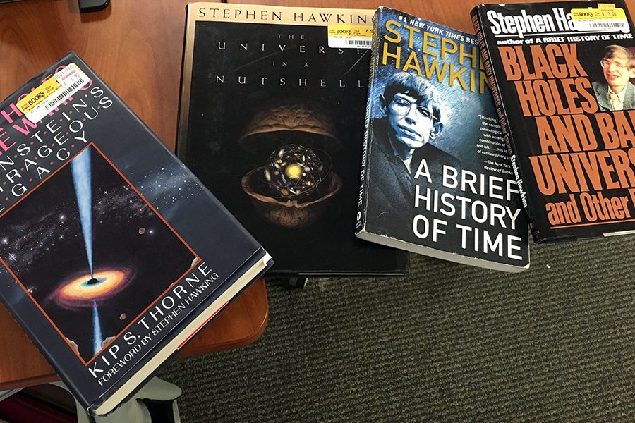 Books by and about Stephen Hawking are part of science teacher Mr. Adam HIbshman's classroom library. 