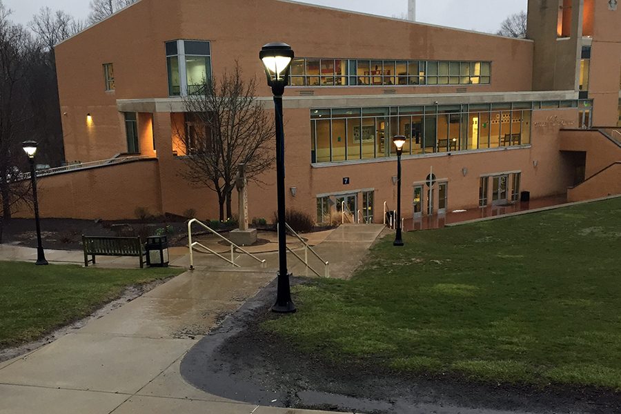 Heavy rain falls in the courtyard on the morning of March 27. 