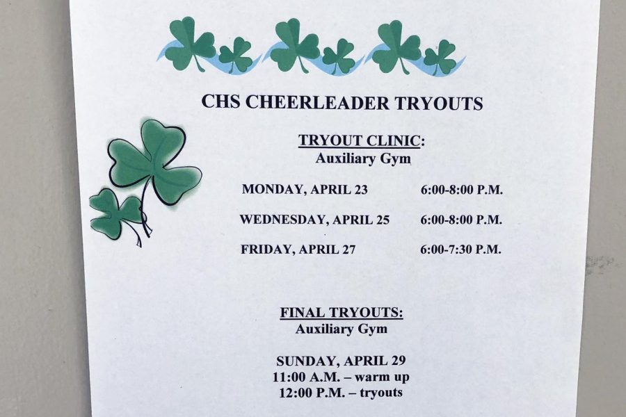 Signs around campus promote cheerleading clinics and tryouts. 