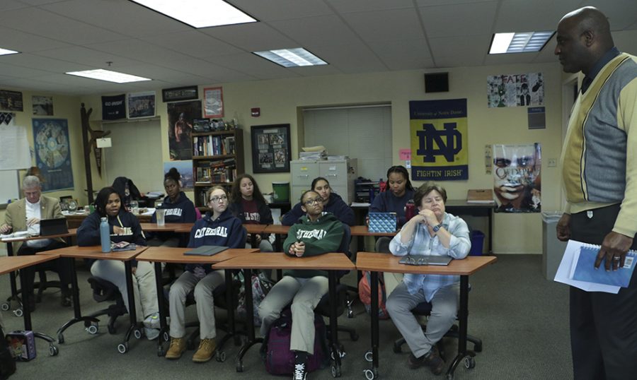 Mr. Ken Barlow '82 addresses students during the Social Justice Alliance Forum that took place during a recent flex period.