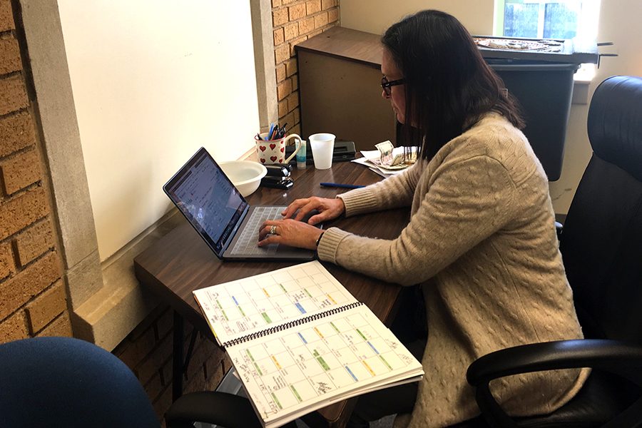 During her prep period on Oct. 9, English department co-chair Mrs. Liz Browning works at her desk. Browning and several other English teachers will take seniors to the Indiana Repertory Theatre on Oct. 17. 