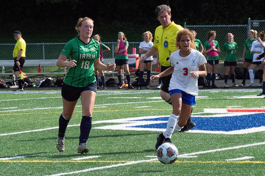 The women's soccer team, shown in action earlier this season, takes on Evansville Memorial on Oct. 20 for the Semistate championship. 