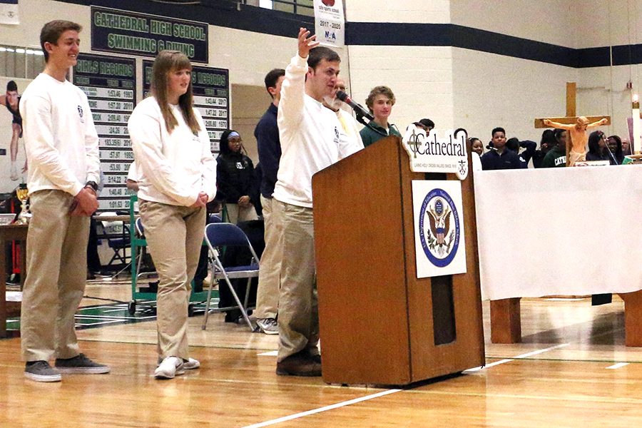 Senior Jack Hutchens, far left, will be among the students participating in the Nov. 1 All Saints' Day Mass in the Welch Activity Center. 