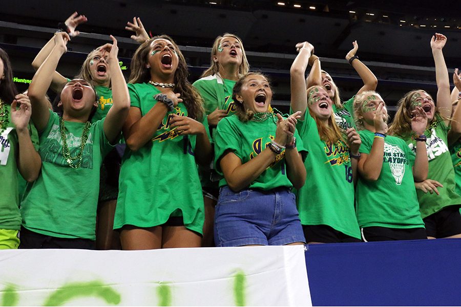 Cathedral is one of eight high schools named semifinalists in the WISH-TV "In the Zone" competition. Students show their spirt at the football varsity season opener in Lucas Oil Stadium. 