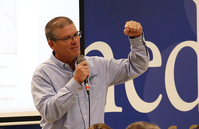 President Dr.  Robert Bridges fires up the freshmen at last year’s orientation. 