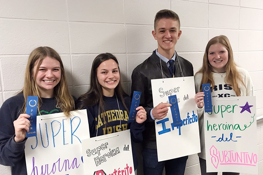 The members of the award-winning Spanish skit team show off their wares at the State competition. They are, from left, Anabel Konesco, Katie Rushka, Jack Hutchens and Elizabeth Murphy. 