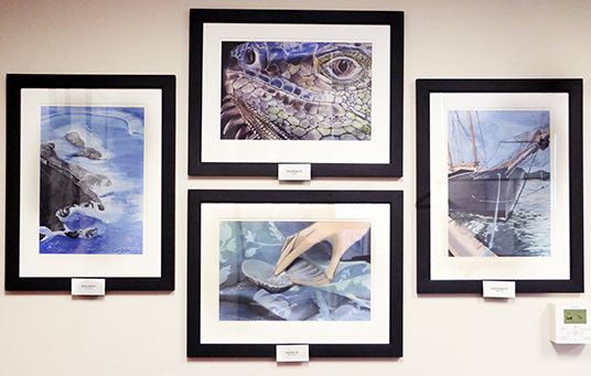 Principal Mr. Dave Worland uses his office wall to showcase some of the school's most outstanding artistic talent. 