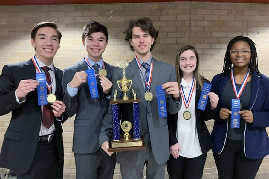 Members of the State champion world school debate category are, from left, Nathan Fiedeldey. Andrew de las Alas, Henry Eifert, Ashelyn Lucas and Miyanah Perry. 