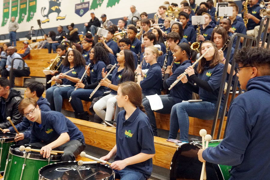 The Pride of the Irish performs at a basketball game in the Welch Activity Center last year.