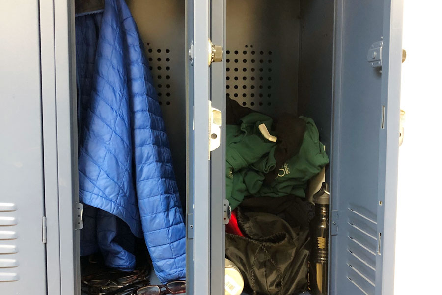 Items turned in to lost and found fill two lockers outside the Student Services Suite. 