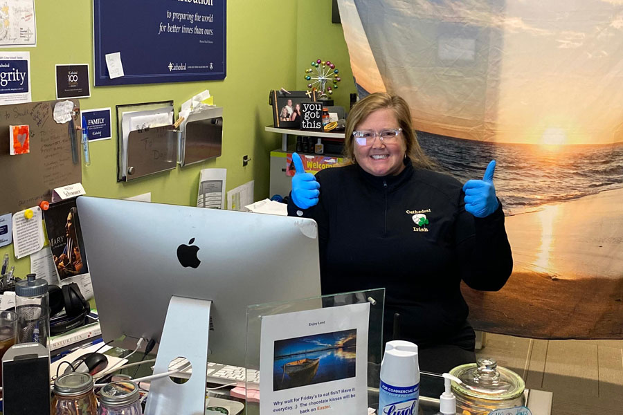 During the first week of the shutdown, Mrs. Gara Schommer was at her desk in tech support to assist students who came to campus to get help. 