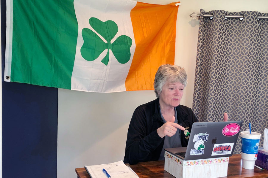 For business teacher Ms. Jean Kesterson, her Irish flag made the trip from her classroom to her home after the campus was shut down on March 12. 