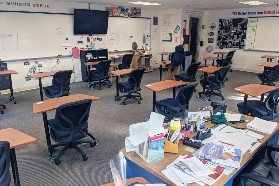 The view from the desk of English teacher Mrs. Nancy Wheeler is that of an empty room. 