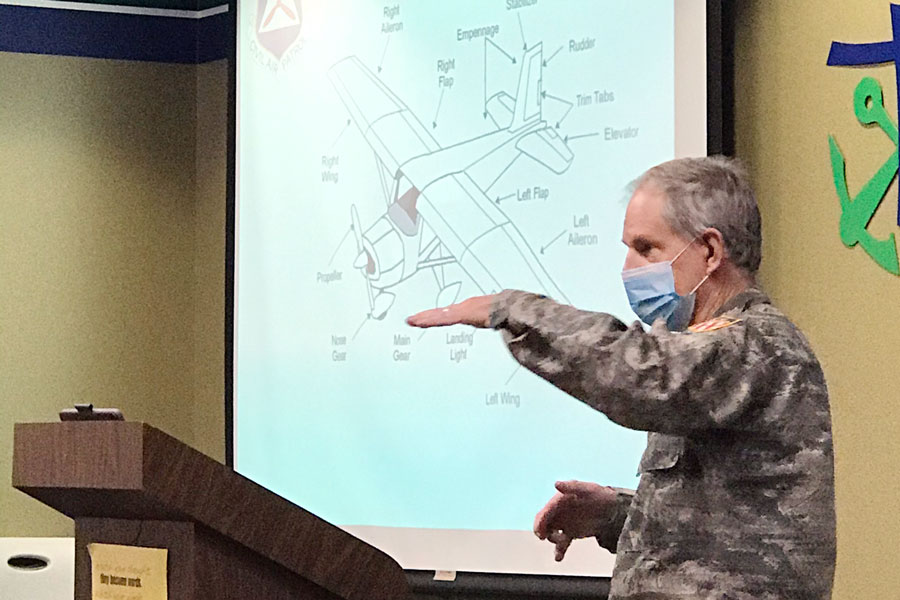 Lt. Col. Tom Elam speaks to members attending a recent meeting of the Civil Air Patrol. 