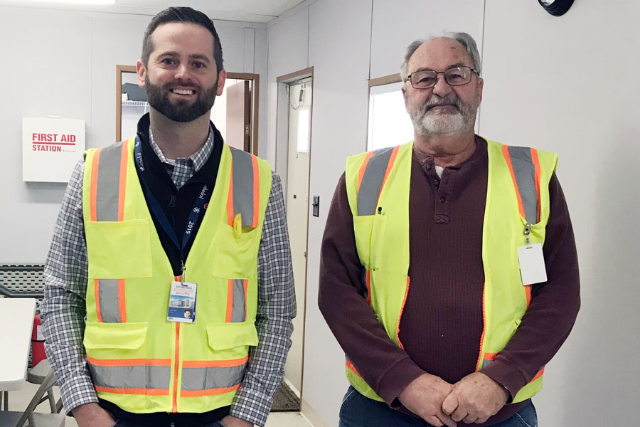 Project manager Mr. Connor Britt and jobsite superintendent Mr. Jerry Feuquay work together to ensure the Innovation Center construction stays on schedule. 