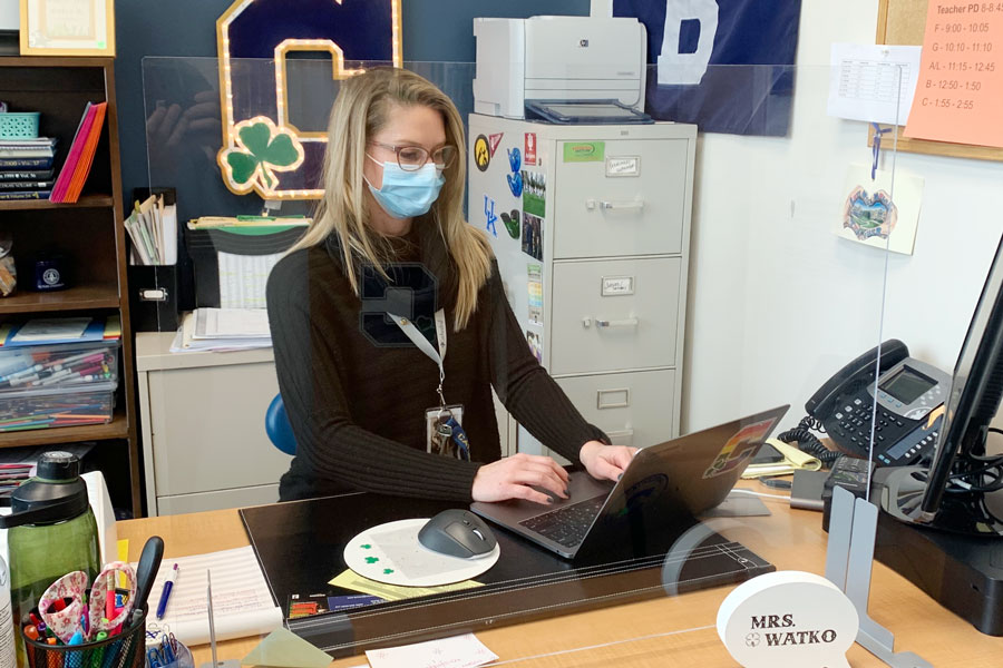 Director of counseling Mrs. Gretchen Watko '00 works in her office in Kelly Hall. 