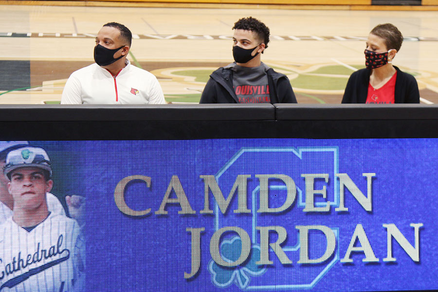 Senior Cam Jordan and his parents attend the winter signing ceremony in the Welch Activity Center. Next year, Jordan will play baseball for the University of Louisville. This year, he and his teammates can’t wait to take the field at Brunette Park.  