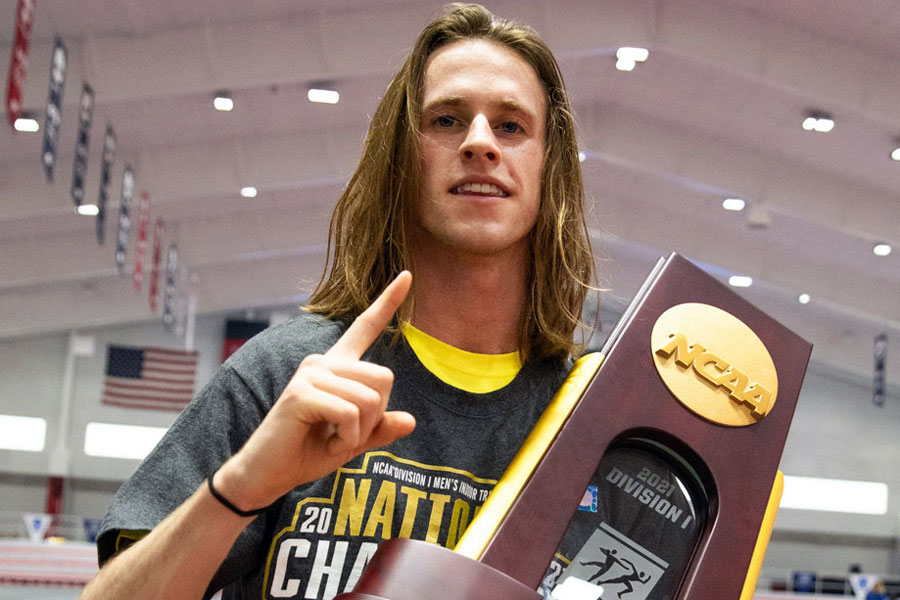 Cole Hocker ‘19 shows off the indoor men’s track and field national championship trophy. Hocker now turns his attention to the Summer Olympics. 