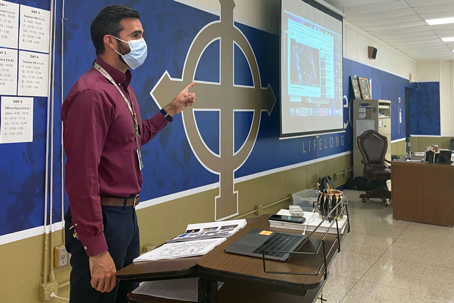 During E period, Mr. John O’Hara ‘02 provides instruction to one of his classes. O’Hara, along with counselor Ms. Kathy Pivonka, offered advice for students to stay motivated for the last few weeks of the school year.