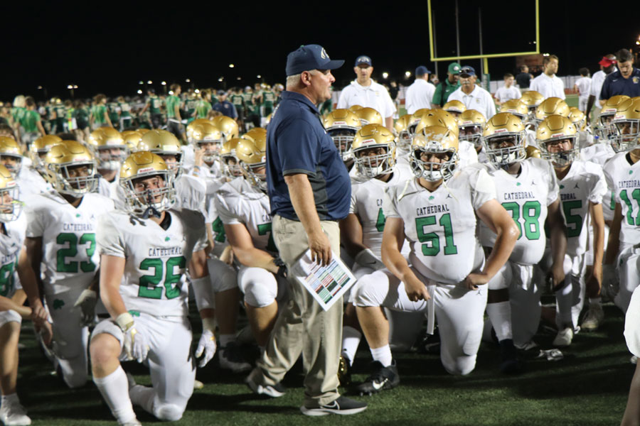 Head Coach Mr. Bill Peebles '88 addresses the Irish after the team's season-opening win at Westfield. 