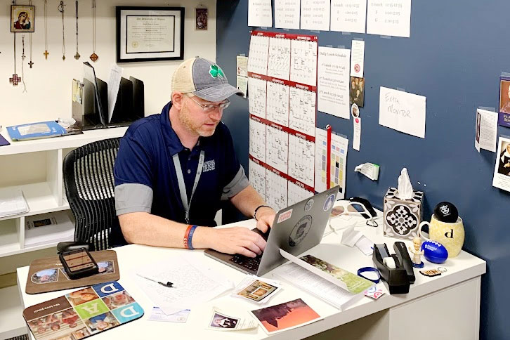 Director of campus ministry Mr. Dave Neeson works in his office in the Shiel Student Life Center.