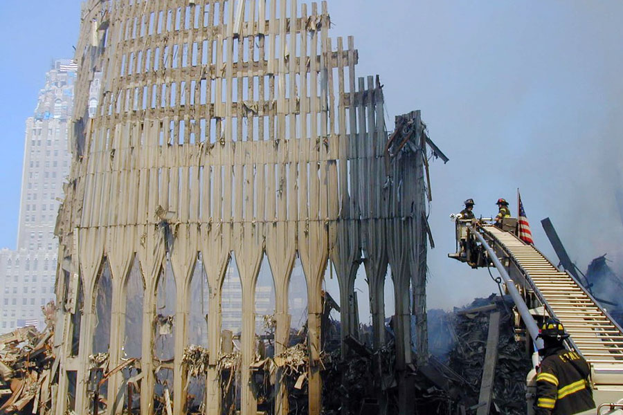 Firefighters at the World Trade Center after both towers collapsed on Sept. 11, 2001. 