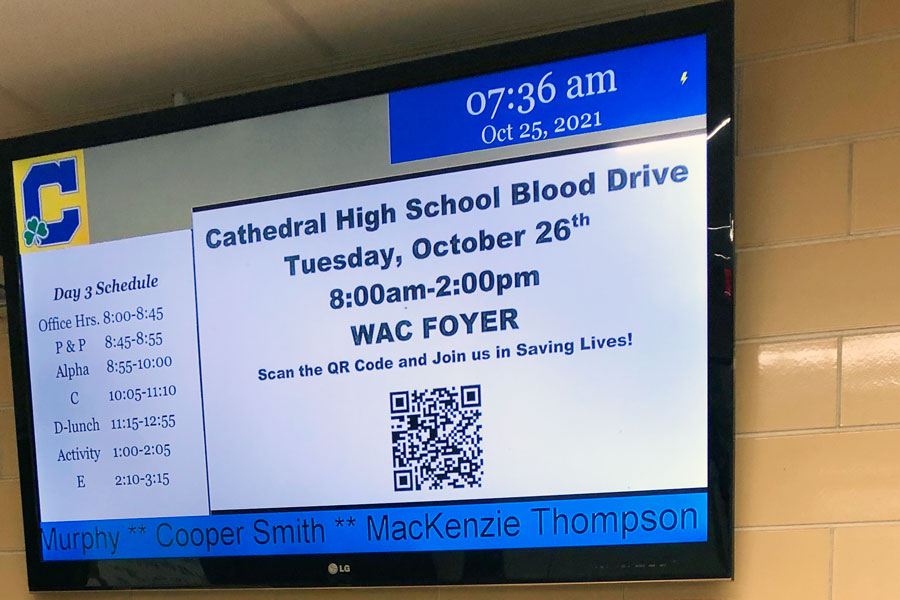 One of the screens in Kelly Hall displays information about the blood drive on Oct. 26. 