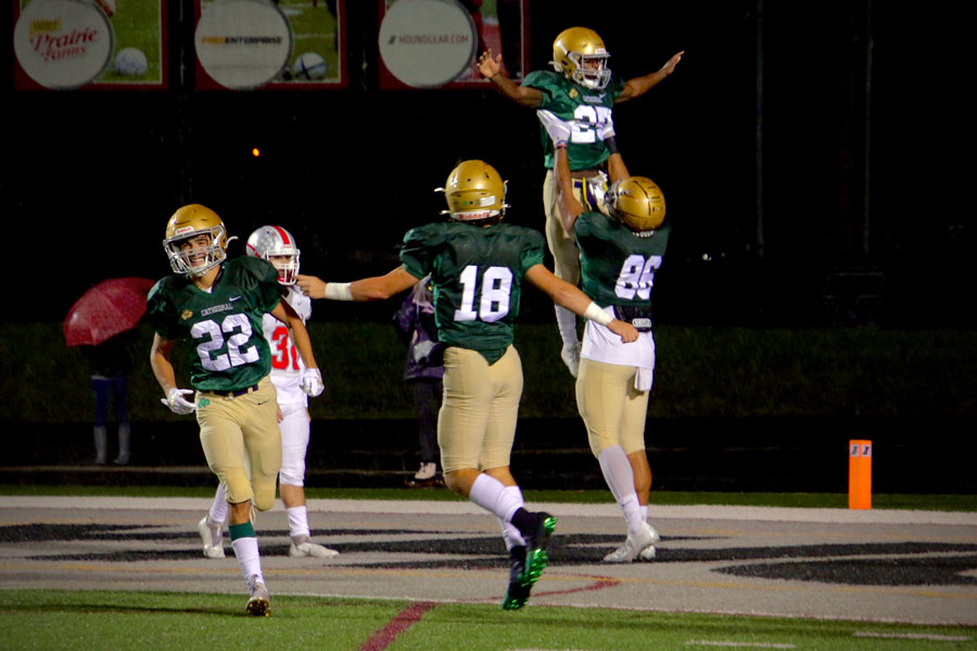 The Irish celebrate a touchdown during their Sectional semifinal win over Plainfield. 