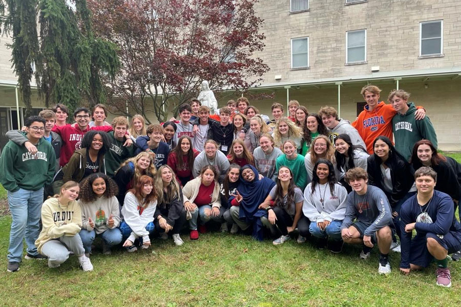 A group of seniors gets together after a retreat earlier this school year.