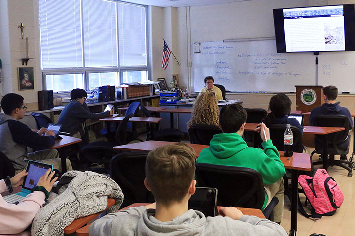 Social studies teacher Sr. Mary Ann Stewart serves as the Model UN faculty moderator. 