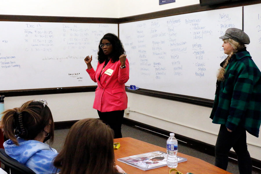 In Loretto 2210 during the third day of J-Term on Jan. 5, Ms. Denisha Dlang, left, and Ms. Polina Osherov, right, provide their insights on how high school students eventually could have a career in fashion. They spoke to students enrolled in the Fashion Week class, which was taught by Mrs. Mary Reasner and Mrs. Jennifer Neale. 