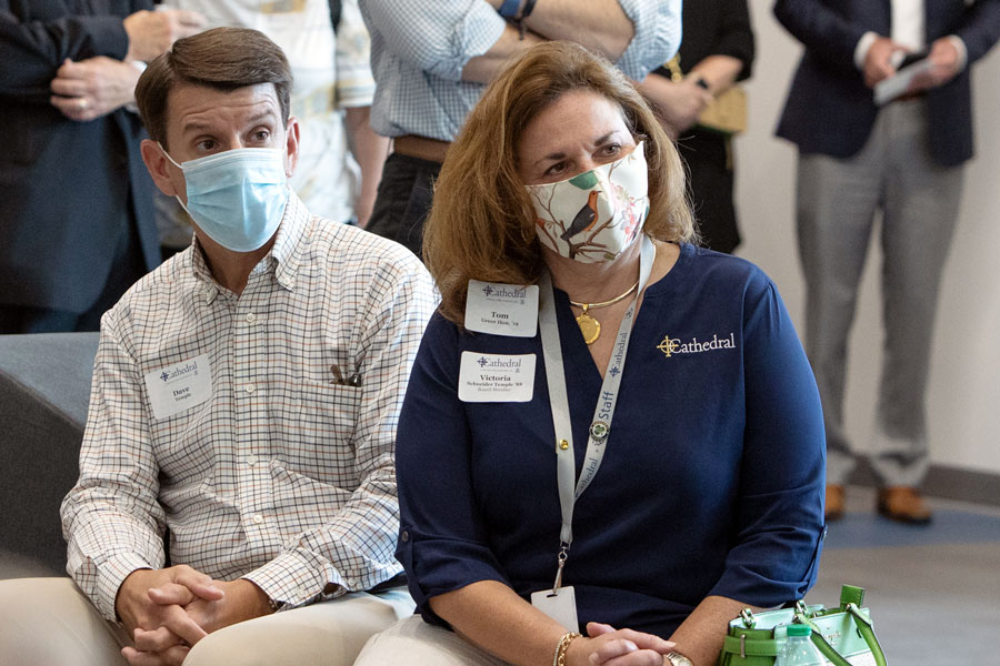 Mrs. Victoria Temple, seated on the right, attended the Taste and See event in the new Innovation Center last fall. Temple is the first woman in the school’s history to serve as the president of the board of trustees.