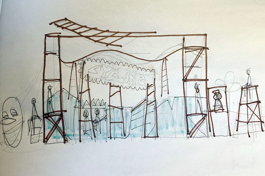 A sketch shows the initial  design for staging "Ride the Cyclone."