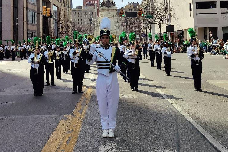 Senior drum major Nicholas Rodcap has the Pride of the Irish ready for the start of the St. Patrick's Day parade on March 17 in Downtown Indianapolis. 