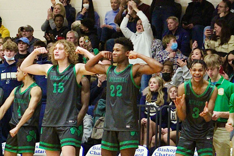 The bench reacts to senior Luke Hern's basket during the team's regular season game at Bishop Chatard. 