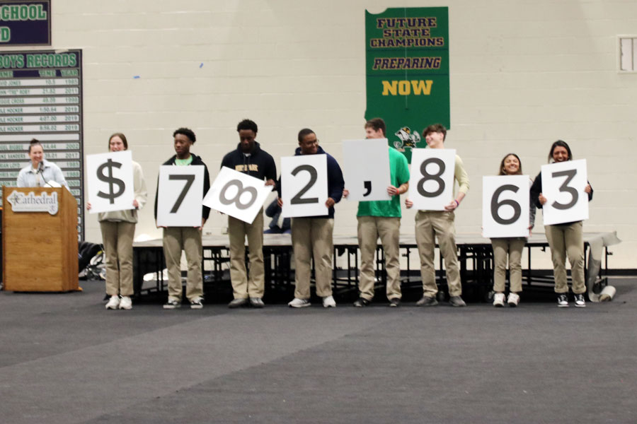 At the assembly in the Welch Activity Center on March 7, students were tapped to display the final total raised in this year's ShamrAuction.